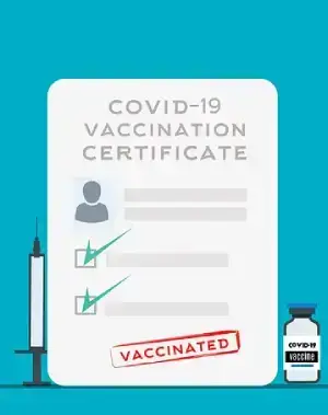 picture shows a card of covid19 vaccination with picture of syringe and vial of vaccine .